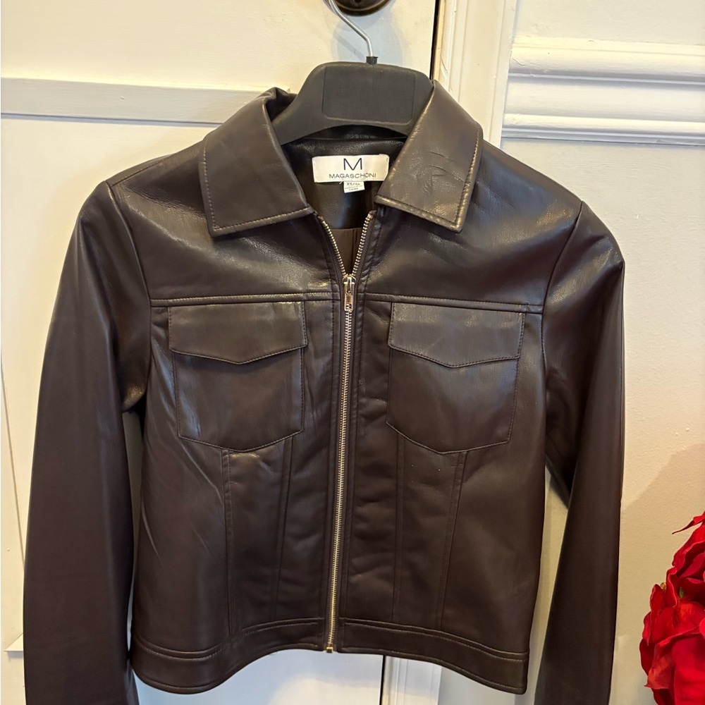Magaschoni Women's Faux Dark Brown Leather Jacket